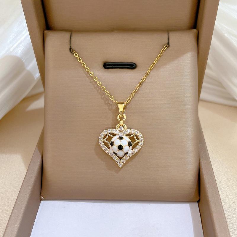 Sporty Creative Zircon Love Heart Soccer Pendant Necklace for Women Girls Stainless Steel Chain Jewelry Accessory Gifts