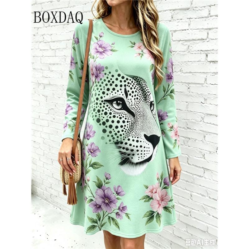2026 Women's Fashion Dresses Women's Polka Dot Leopard Print Dress Loose Pullovers Casual Autumn Long Sleeve Home A-Line Dress