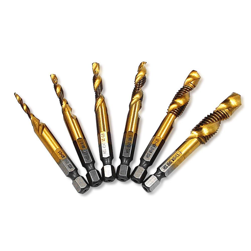 

NUZAMAS Screw Thread Tap Drill Set with Hex HSS Titanium Spiral Metric Plug Drill Hand Tools 6-Piece Shank, Plated, Point, Bits, M3, M4, M5, M6, M8,