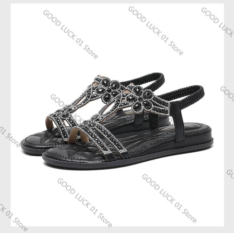 Fashion Women Flat Rhinestone Sandals Bohemian Sandals 2025 Summer New Non Slip BeachElastic Low Heels Roman Sandals Sandalias Mujer