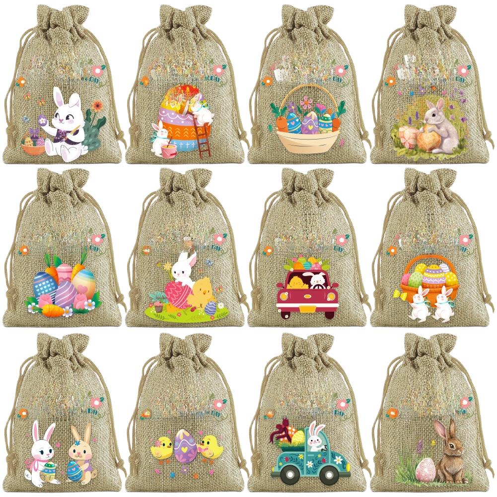 

12pcs Easter Bunny Linen Gifts Drawstring Bags Happy Easter Small Drawstring Favor Pouches For Wedding Party Candy Bag