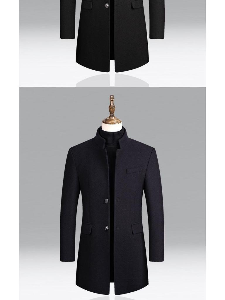 Men's Mid-Length Woolen Overcoat with Cotton Padding