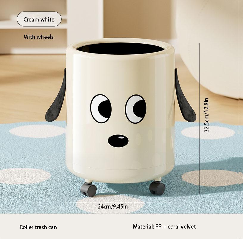 

A trash can with wheels. Features a cute cartoon dog design. Practical and serves as a home decor item.