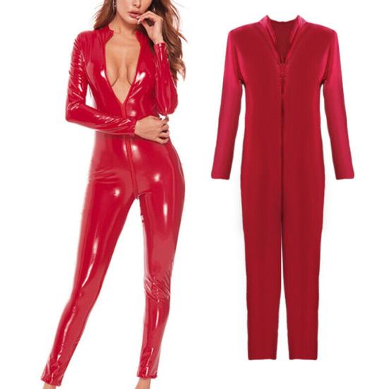 Women Solid Color Zipper Faux Patent Leather Jumpsuit Bodysuit Tight Clubwear
