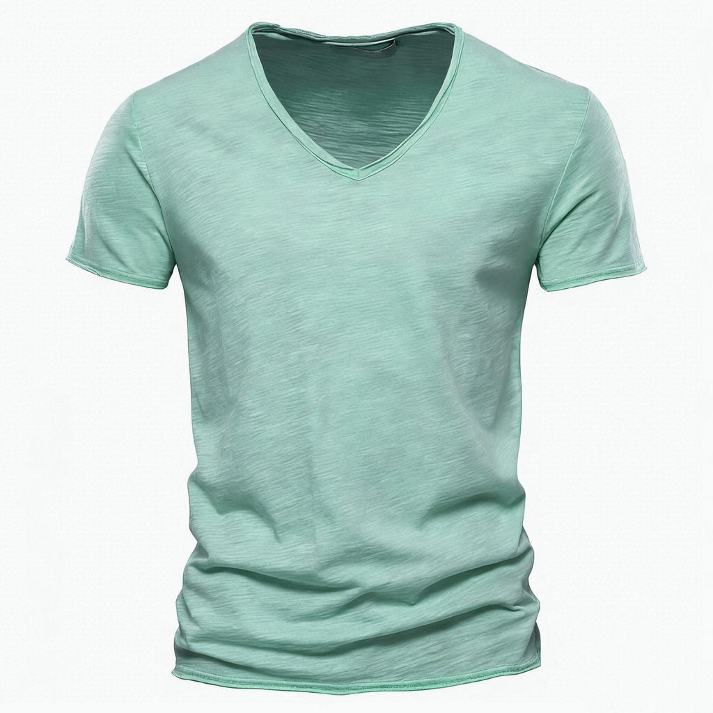 Men's Summer Slub Cotton V-Neck T-Shirt, Solid Color Short Sleeve Casual Tee, Breathable Fashion Top