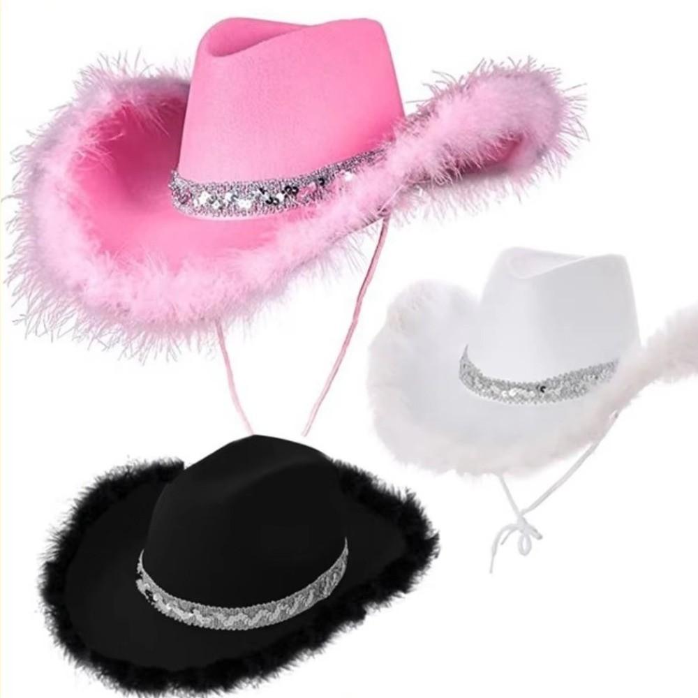Solid Color Western Cowboy Hat Furry Trim Sequin Cowgirl Hat Top Hat  Cowgirl Party Decorations