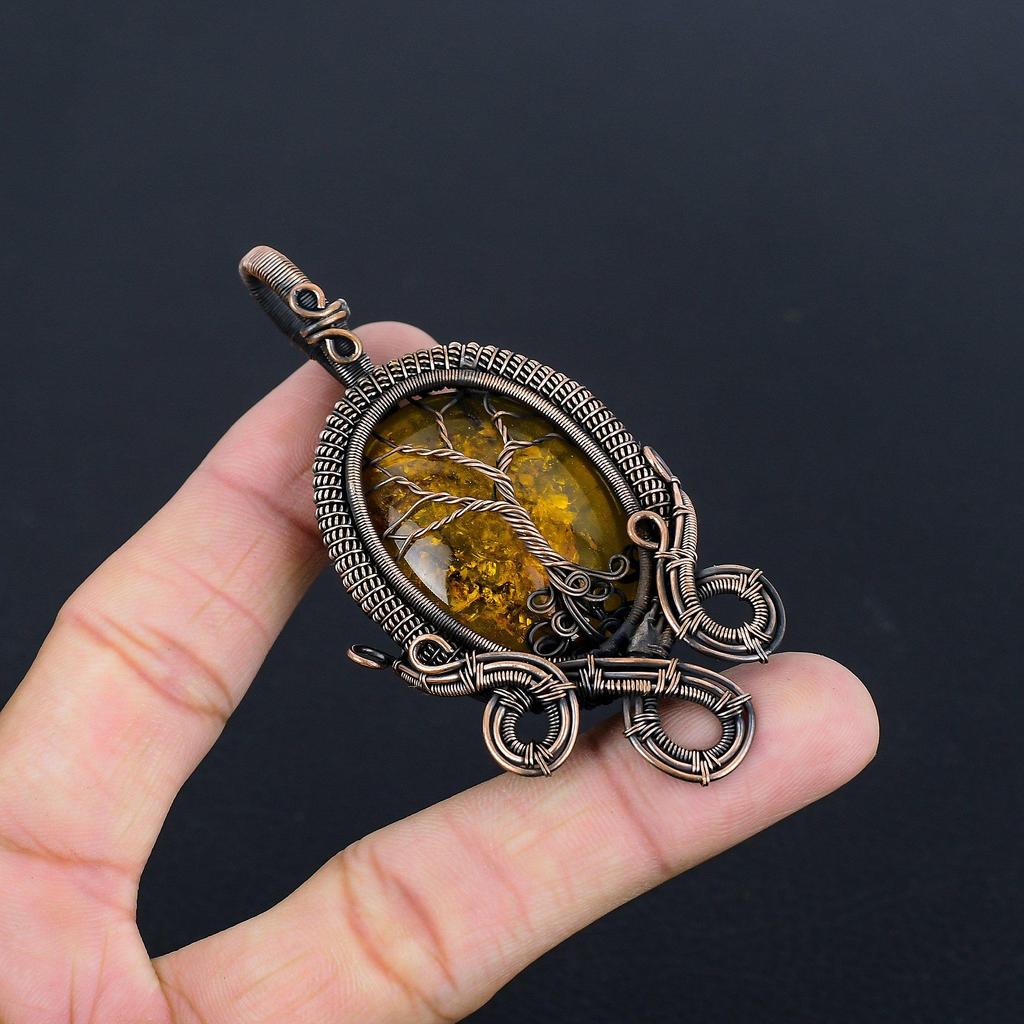 Tree Of Life Baltic Amber Pendant, 999 Copper Wire Wrapped Gemstone Jewelry, Handmade Pendant For Mother Day