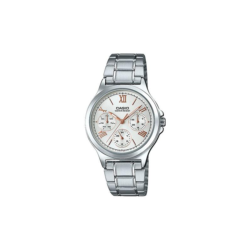 Casio STANDARD Series DRESS Series Fashionable Classic Hands Three Eyes Six Needles Roman Scale Quartz Steel Strap Women's Watch Silver LTP-V300D-7A2