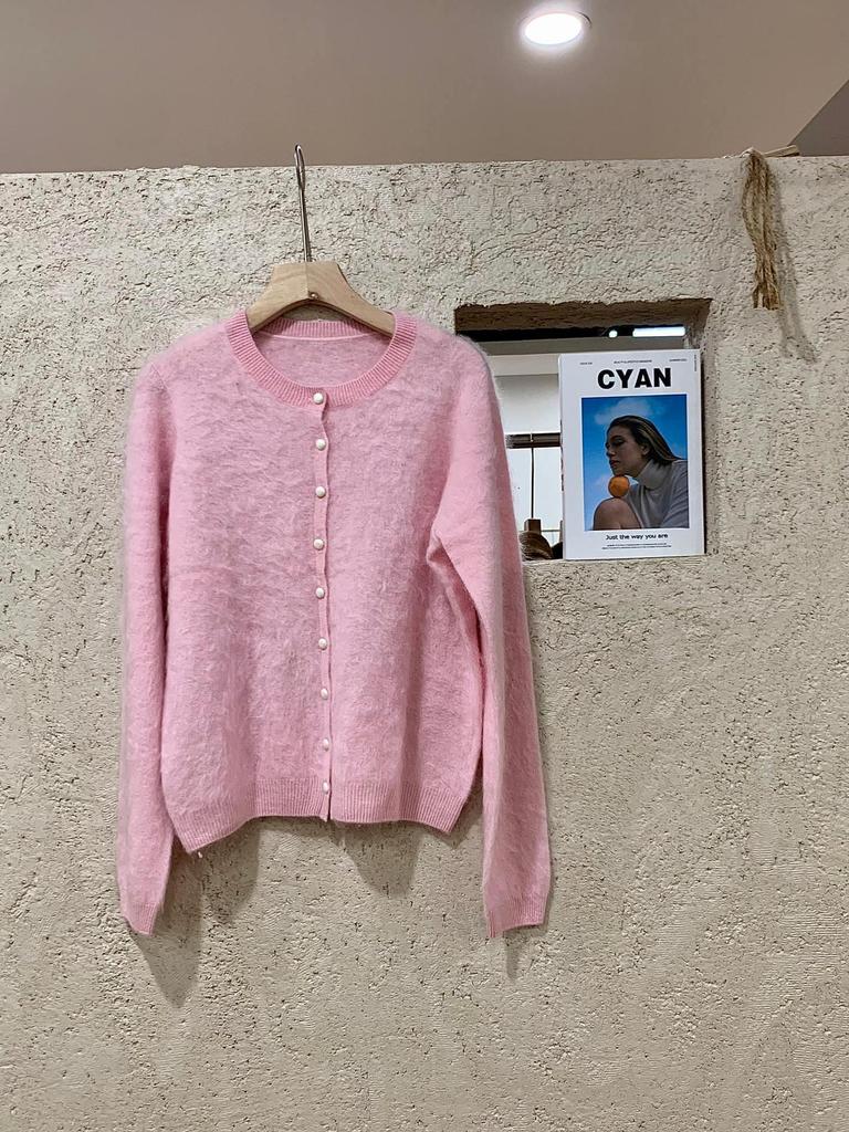 Women's Round Neck Pearl Button Wool Cashmere Knit Cardigan JM8305