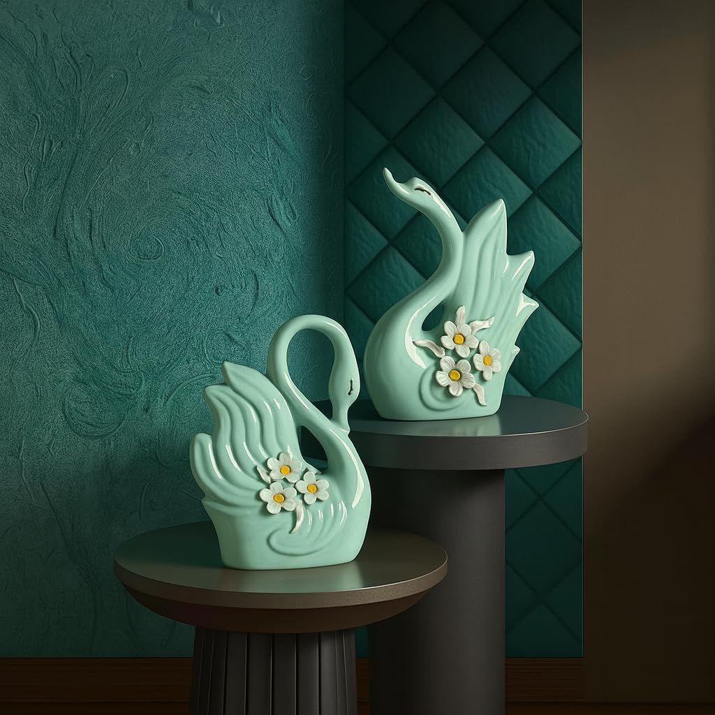 Niedliche luxuriöse hellgrüne Schwanenpaar-Keramik-Kunstfigur | Schöne Wohndekoration (2er-Pack, Hellgrün)