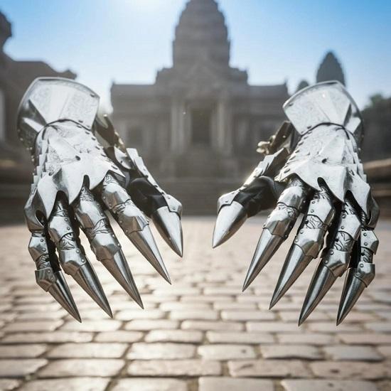 Rękawice Nazgul z grawerem Srebrna Średniowieczna Zbroja, Gotyckie Stalowe Ochraniacze Dłoni Fantasy do LARP Cosplay i Kostiumu na Halloween