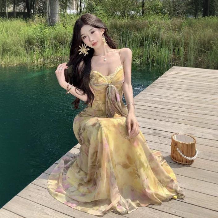 Wear an Oil Painting Dress, Floral Suspender, Waist Halter Dress, Island Beautiful Seaside Beach Dress