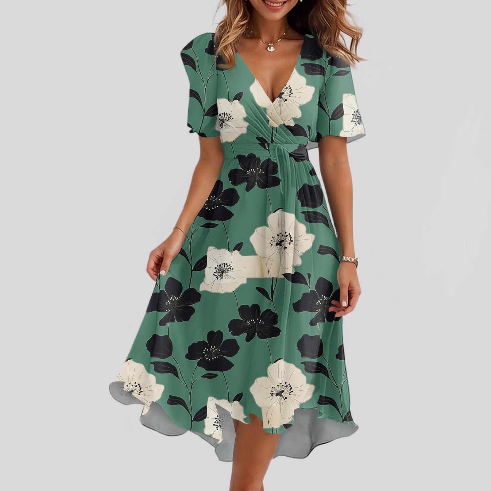 

Жіноча вільна повсякденна сукня з V-подібним вирізом, розкльошеною спідницею та короткими рукавами, з принтом XXL світло-зелений колір