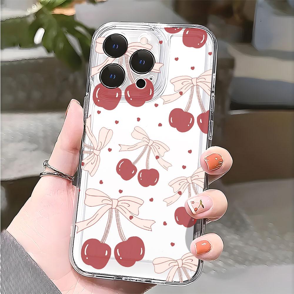 Red Cherries with Bows Pattern Phone Case for IPhone 17 15 16 14 13 12 11 Pro Max Plus 12 13 Mini TPU Protect Cover