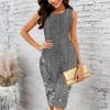 Women Plus Size Sleeveless Round Neck Midi Bodycon Dress Green Vintage Ornate Floral Scroll Print Slim Fit Dress