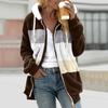Women Color Block Fuzzy Fleece Hooded Jacket Full Zip Long Sleeve Plush Coat Casual Warm Outerwear S-5XL