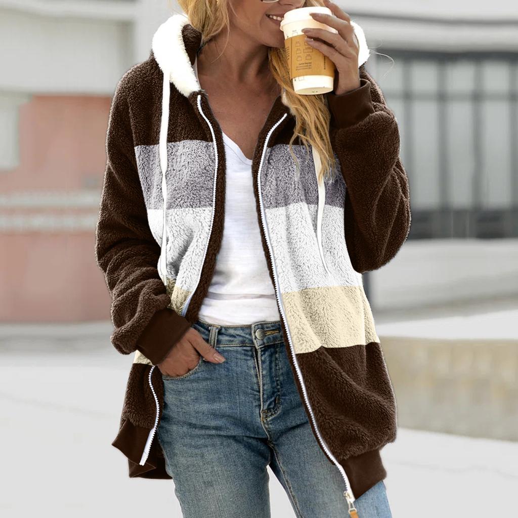 Women Color Block Fuzzy Fleece Hooded Jacket Full Zip Long Sleeve Plush Coat Casual Warm Outerwear S-5XL