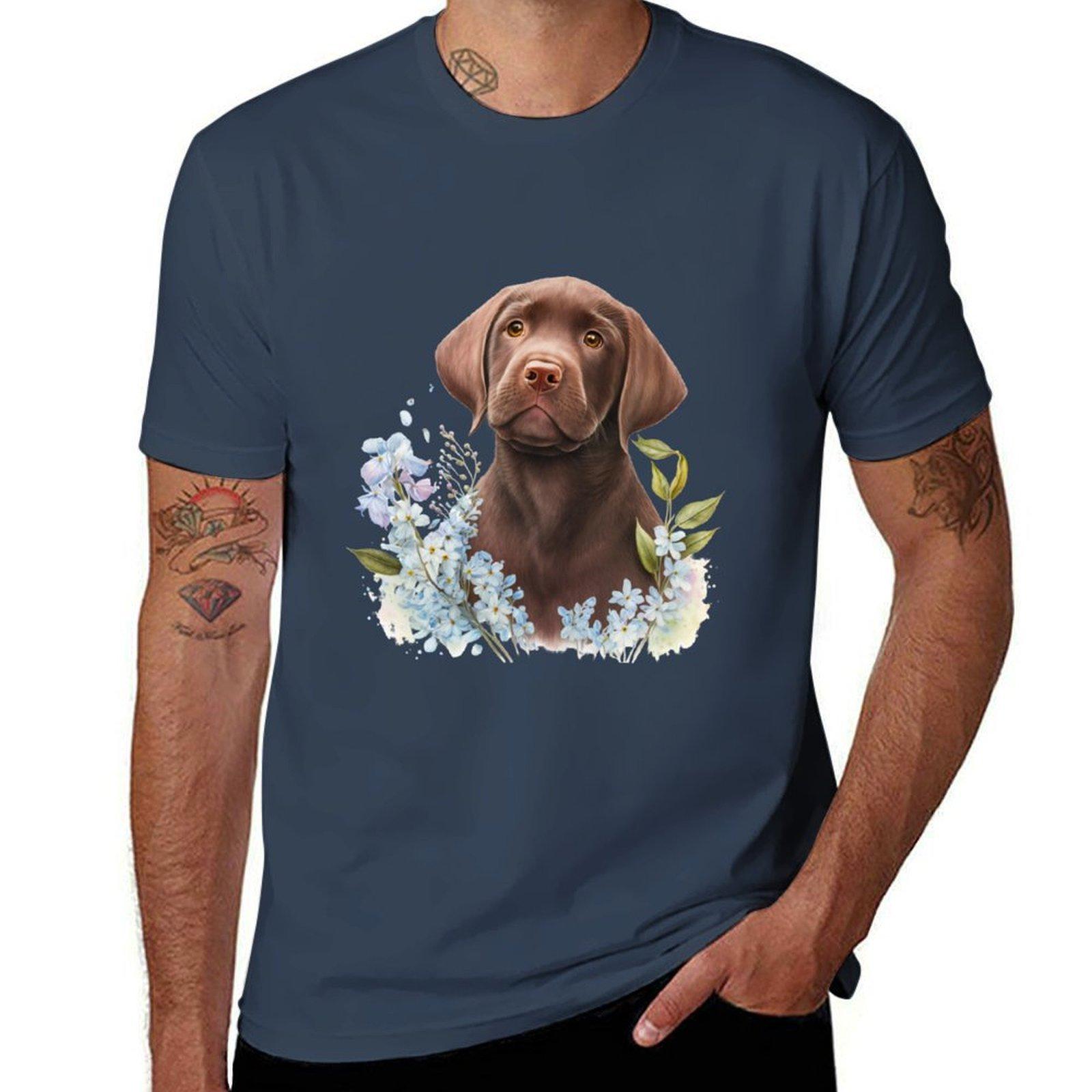 Chocolate Labrador Puppy With Blue Flowers Cute Chocolate Lab Puppy Tshirt Casual Trendy Short Sleeve Tshirt S