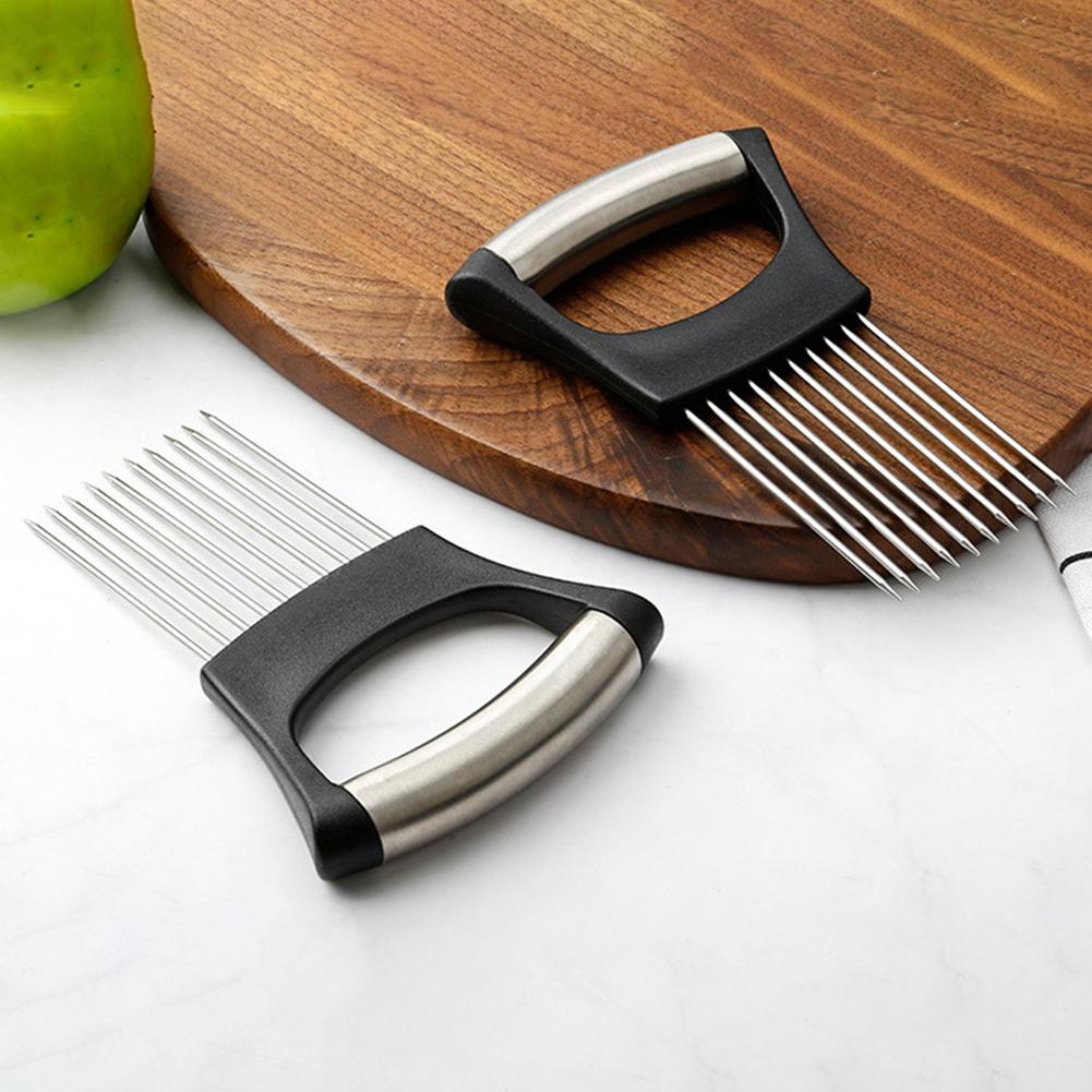 1pc Stainless Steel Onion Slicer Tool Portable Kitchen Potato Chip Onion Holder For Vegetables & Meat