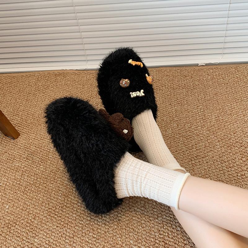 Popular fashion bow Mao Mao shoes outer wear 2025 autumn and winter new one-pedal Doudou shoes velvet cotton slippers