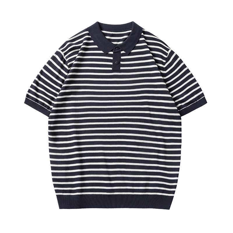 Mu Qiu Menswear | 2026 Summer Retro Stripe Knit Polo Shirt for Men - Short Sleeve XL (140-160 jin)
