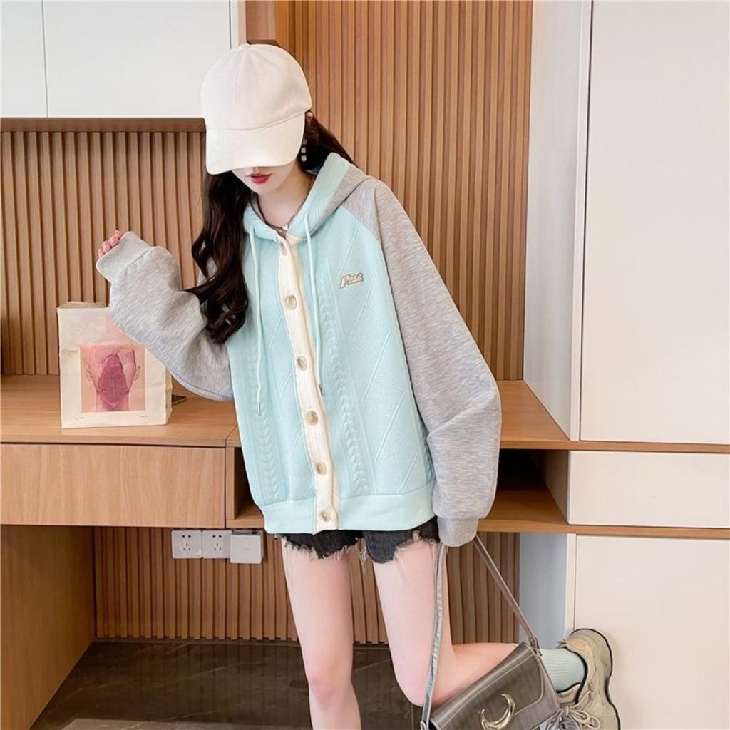 Color Blocked Hooded Jacket for Women In Plus Size, Spring and Autumn New Thin, Medium and Long Single Breasted Patchwork Hoodie for Women