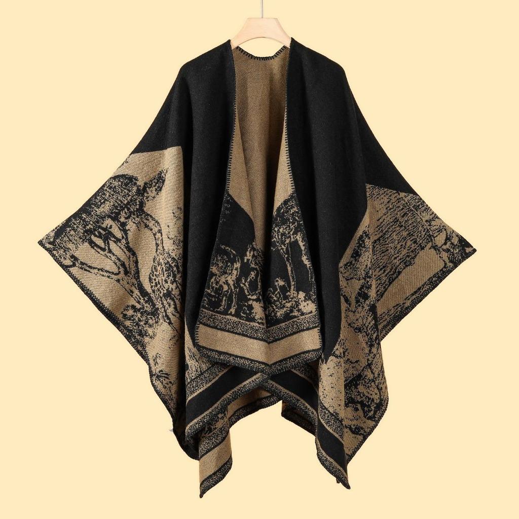 Sciarpa Autunnale e Invernale, Scialle da Viaggio Versatile a Quadri da Donna, Mantello Spaccato Spesso Etnico in Imitazione Cashmere