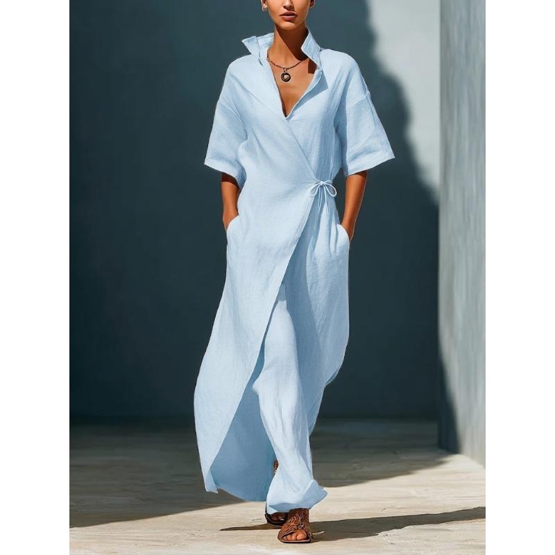 Summer New Style Casual V-neck Short-sleeved Belt-wrapped Fitted Slimming Figure-enhancing Blouse Dress