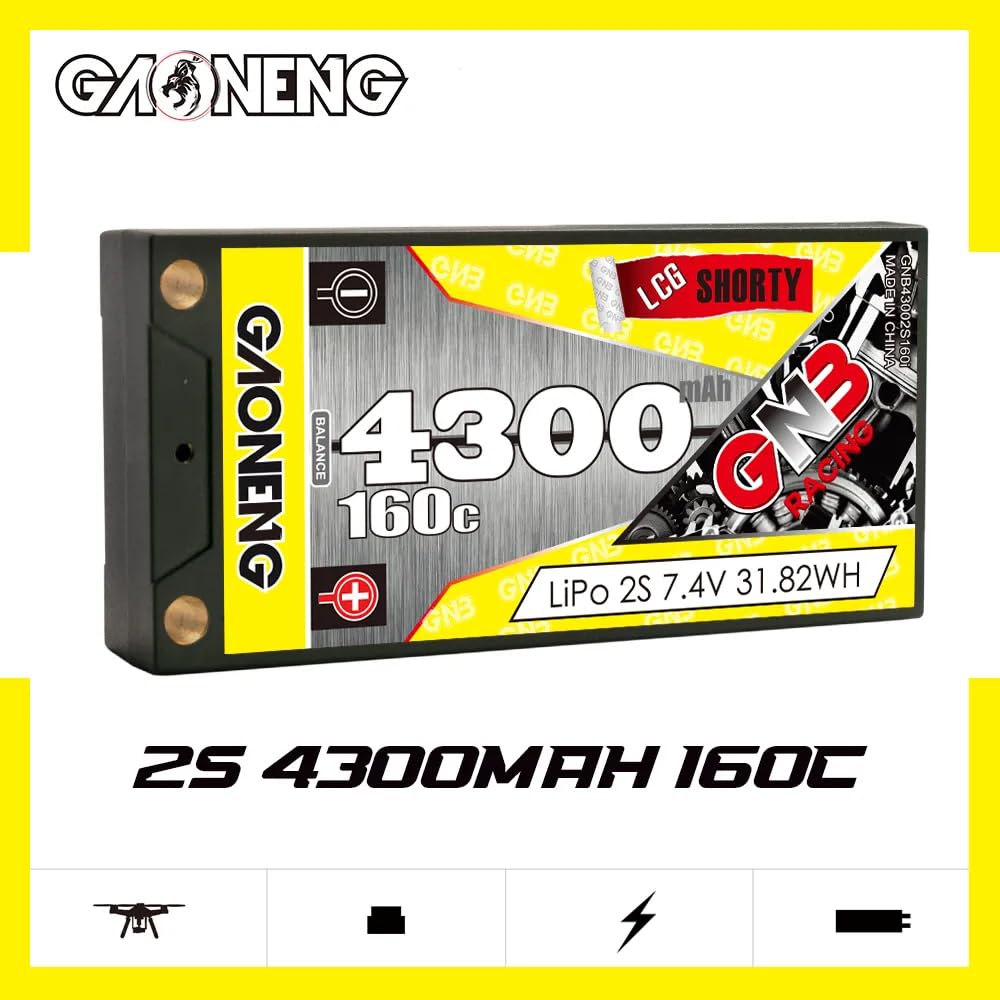 P.D GAONENG GNB Li-Po Battery, High Capacity 2S 7.4V 160C320C 4300mAh with XT60 Plug and 5mm Gold Plug, for RWD, Drift, and Racing 110 Scale RC Cars