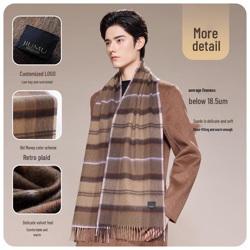 JIUMU Men's Pure Wool Plaid Scarf