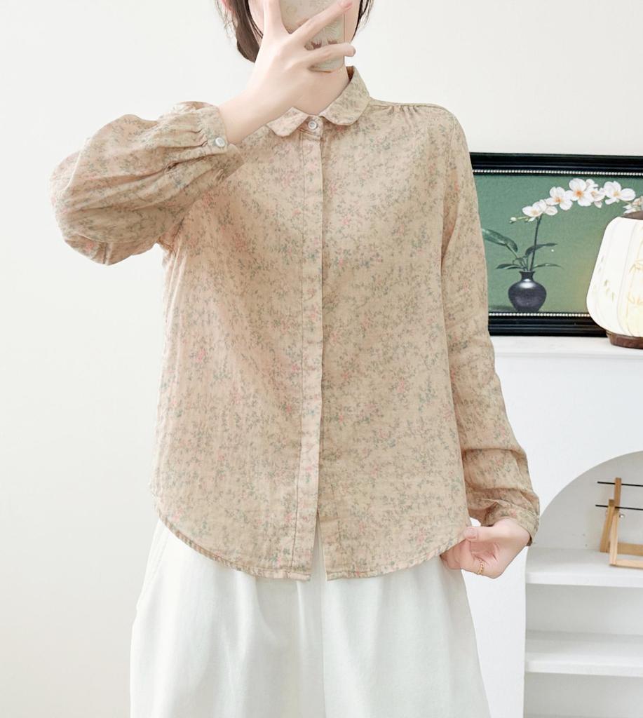 Stylish Blue Floral Double Layer Cotton Gauze Long Sleeve Women's Shirt - Spring 2026 Collection