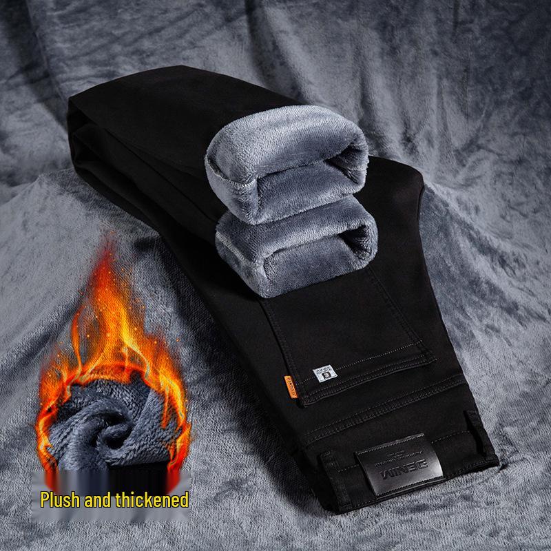 Men's Spring/Summer Cotton Straight-Leg Jeans with Fleece—Versatile, Elastic, Loose-Fit Casual Trousers.