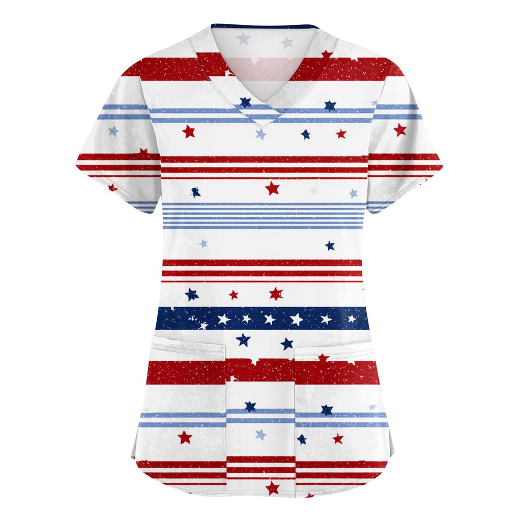 Women's Fashionable V-Neck Short-Sleeved Work Top With Pockets And Independence Day Print  Uniform