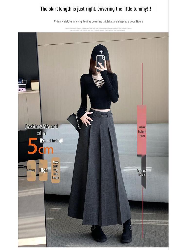 Elegant High-Waisted Gray Wool Pleated Skirt – Versatile Autumn/Winter Fashion for Women