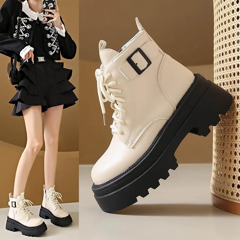 Women Boots British Autumn Winter New Platform Belt Buckle Zipper Lace Up Fashion Boots Comfortable Non Slip Outdoor Boots