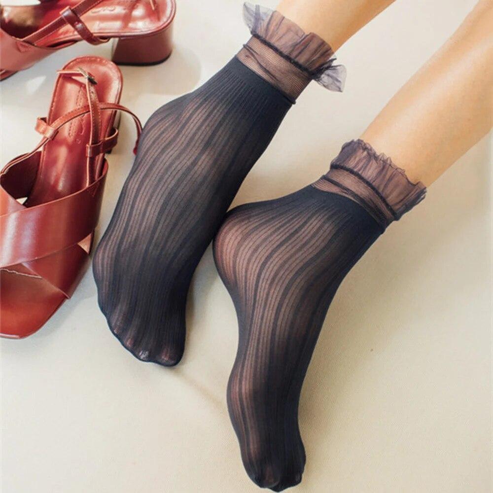 Velvet Woman Socks Ultra-thin Transparent Lace Frilly Ruffle Socks Women Fashion Summer Japane Style Harajuku Retro Long Socks