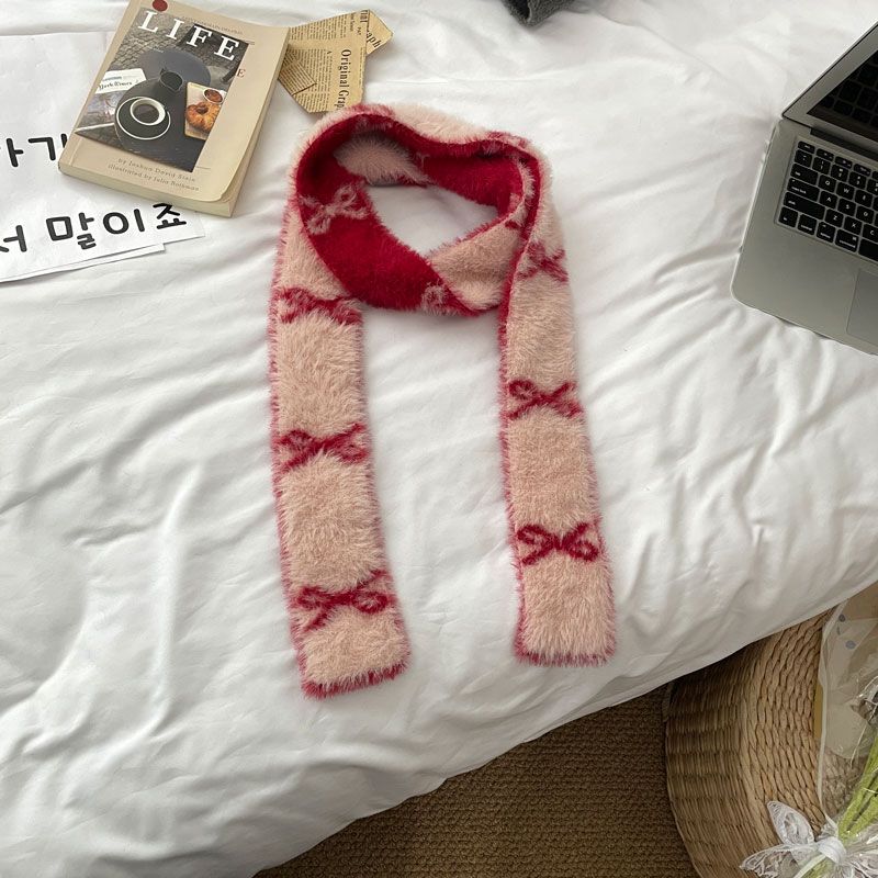

Bow Pattern Girl Scarf Plush Soft Slim Cute Scarves Korean Style Women s Fashionable Casual Ornament as the picture бежевый