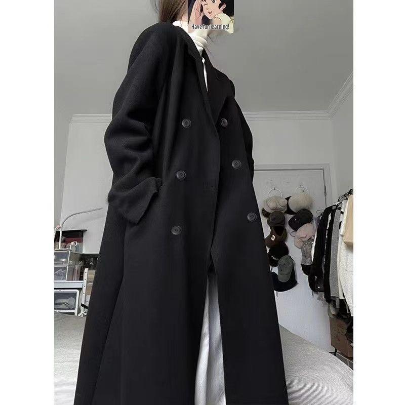 

Black High-End Korean-Style Woolen Coat Women’s Over-the-Knee, Thickened for Autumn/Winter 2025 S for 80-110 jin