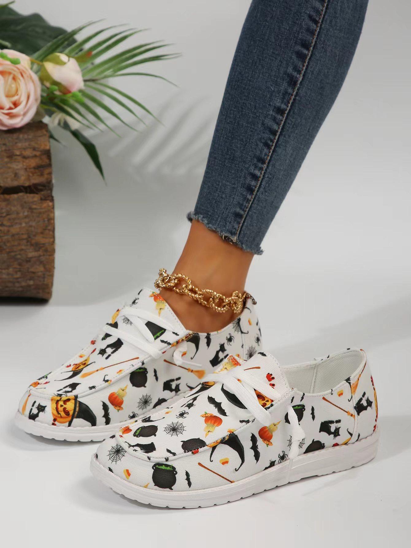 

Осенние туфли на плоской подошве с принтом тыквы на Хэллоуин, модные повседневные парусиновые туфли на плоской подошве, удобные кроссовки с круглым носком, спортивная обувь 2024 35