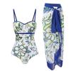 2024 Blue & White Floral Porcelain One-Piece Chiffon Skirt Bikini