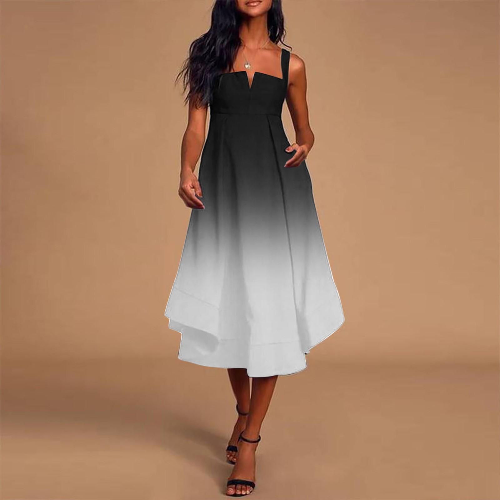 

Women s Casual Sexy V-Neck High Waist Pullover Gradient Print A-Line Dress S