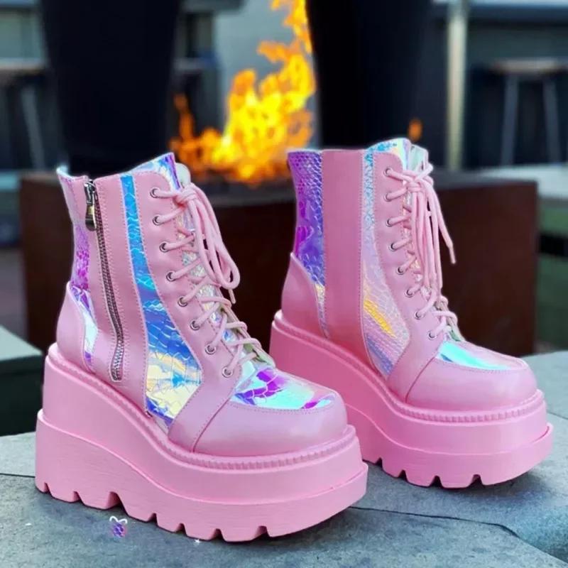Platform Ankle Boots for Women Designer Goth Punk Cool Motorcycle Shoe Side Zipper Lace Up Ladies High-Top Cowboy Botas Size 43