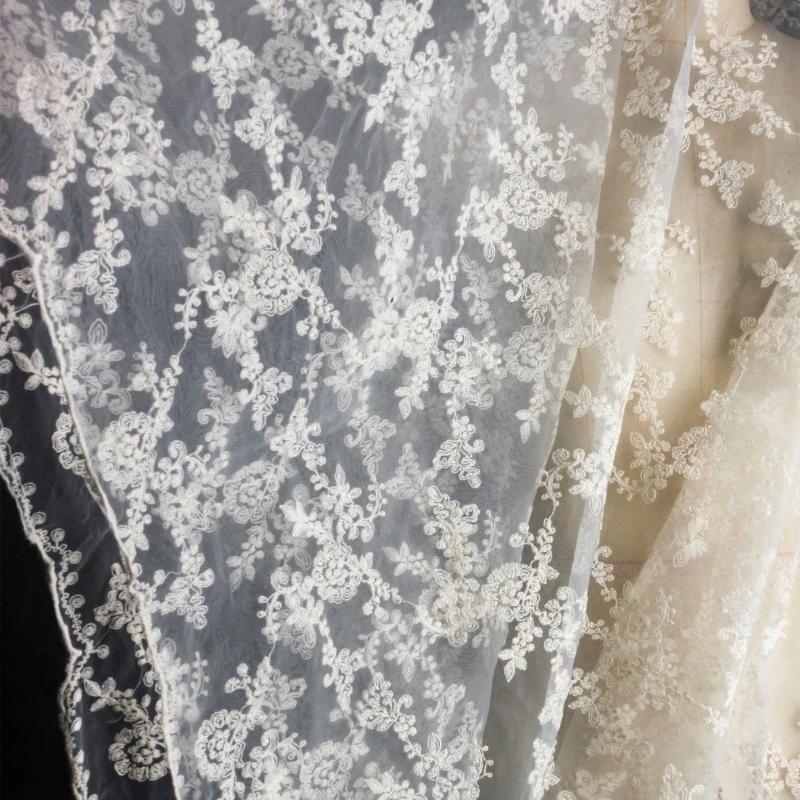 Pattern Lace Tulle Off-White Embroidered Floral Fabric Designer Creative DIY Semi-Transparent Wedding Dress Skirt Designer
