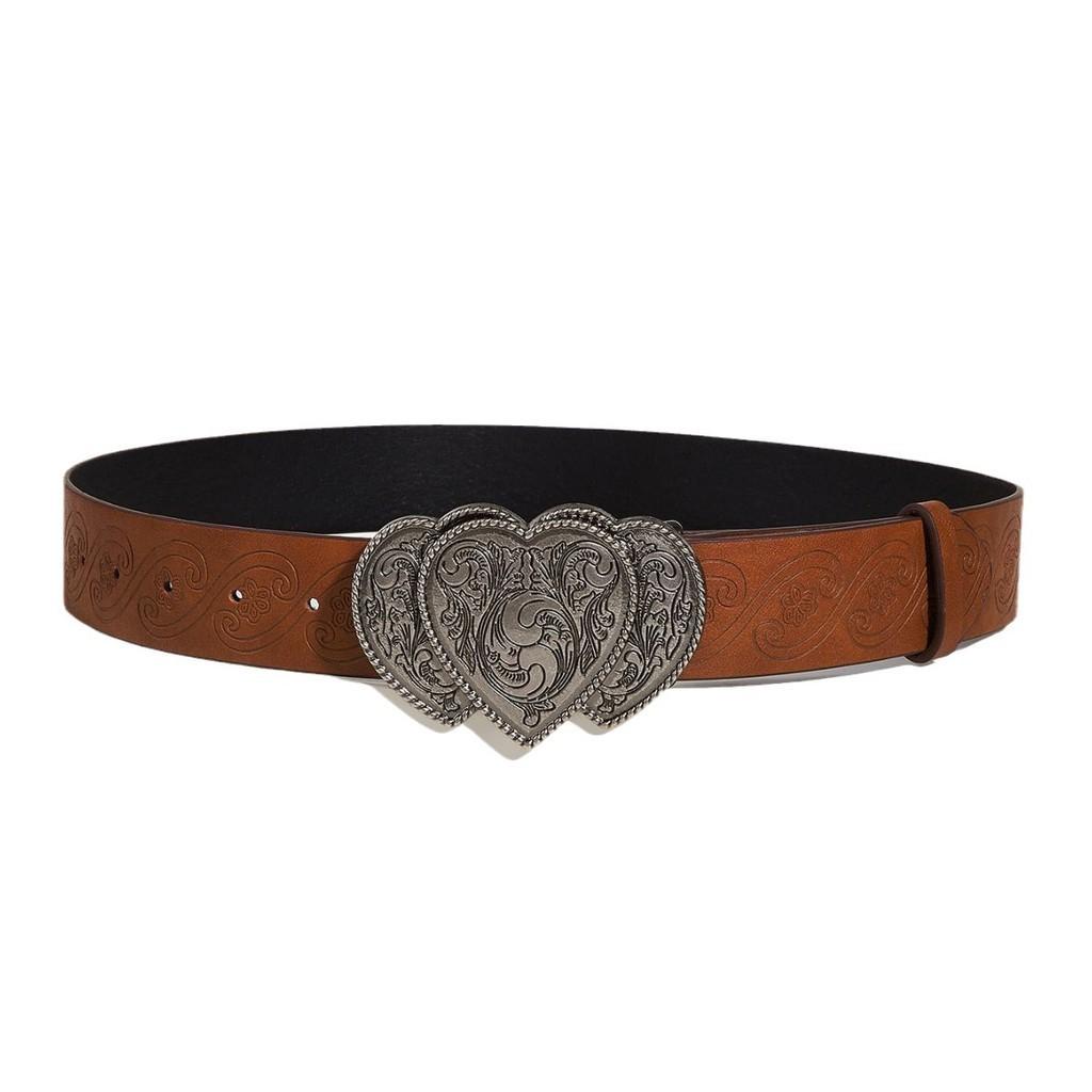 Fashionable Faux Leather Belt With Alloy Heart-shaped Buckle And Vintage Silver Double Heart Clasp Unisex Waistband