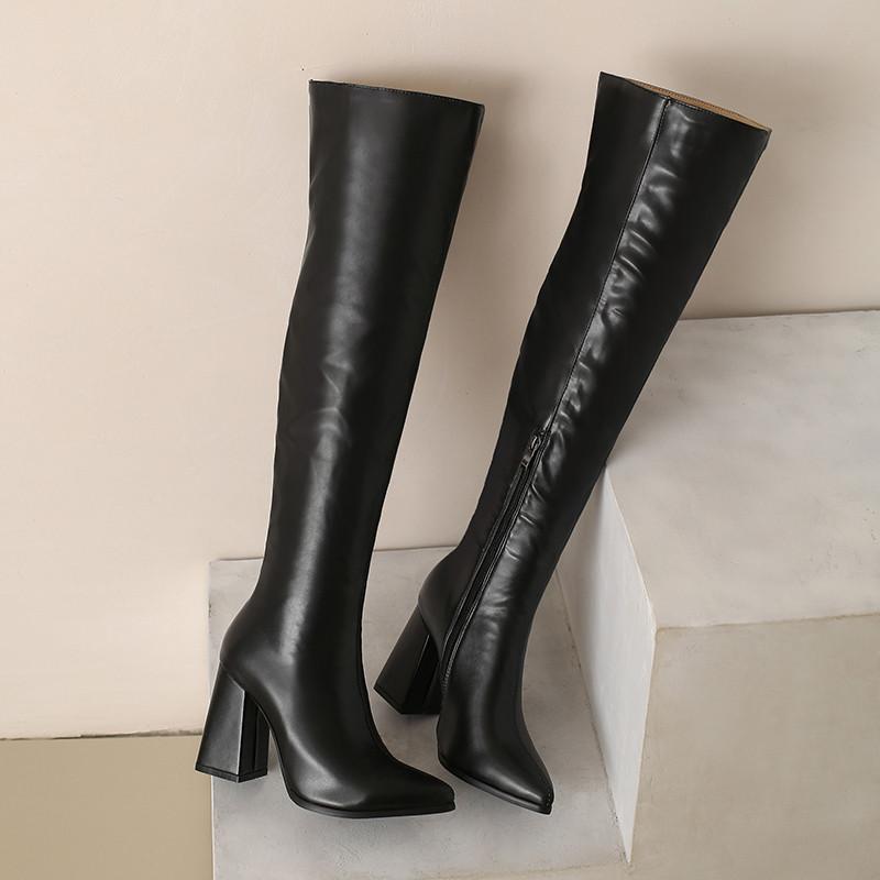 Women's High Heel Boots Autumn and Winter New Simple Everything with Solid Color Thick Heel Large Size Over the Knee Boots