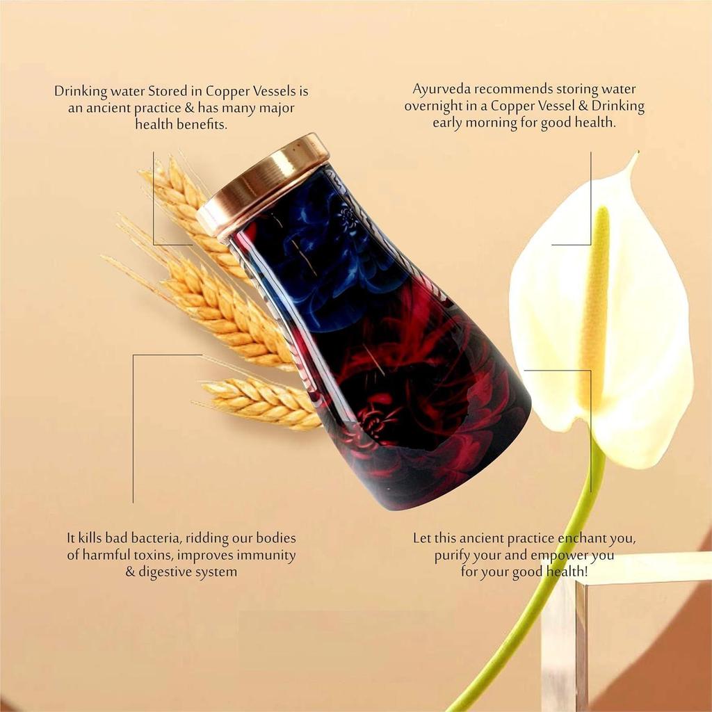 Copper Bedroom Jar with Inbuilt Glass | Red & Blue Design | Handcrafted, Leakproof, Jointless | Ayurvedic Benefits, Antioxidant Properties | 1200 ml