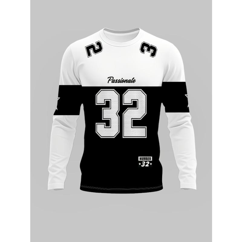 Patchwork Number 32 Letter Star Print Long Sleeve T-Shirt, American Sporty Casual Top