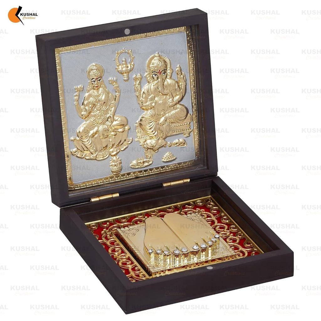 24K Gold Plated Laxmi Ganesha Photo Frame Charan Paduka Square Crystal Diya