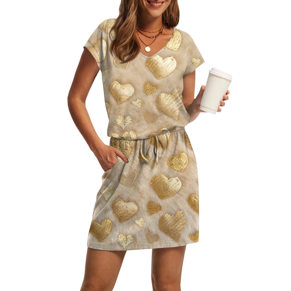 Women's V,Neck Short,Sleeve Drawstring Pocket Valentine's Day Print Casual Dress