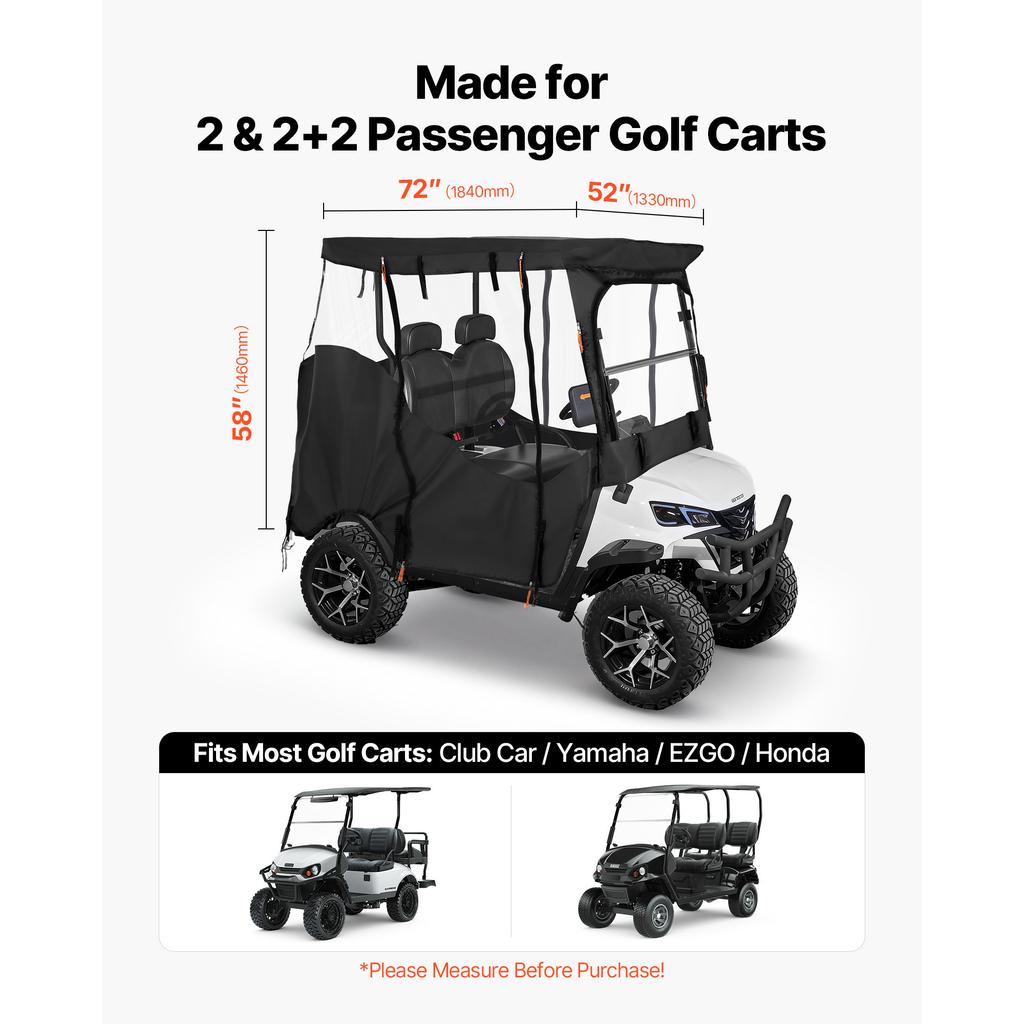 SucceBuy Golf Cart Cover Visible Full-Enclosure 2&2+2;2+2/4 Seater Waterproof Oxford PVC Coating Windproof Hook Fits Most Carts